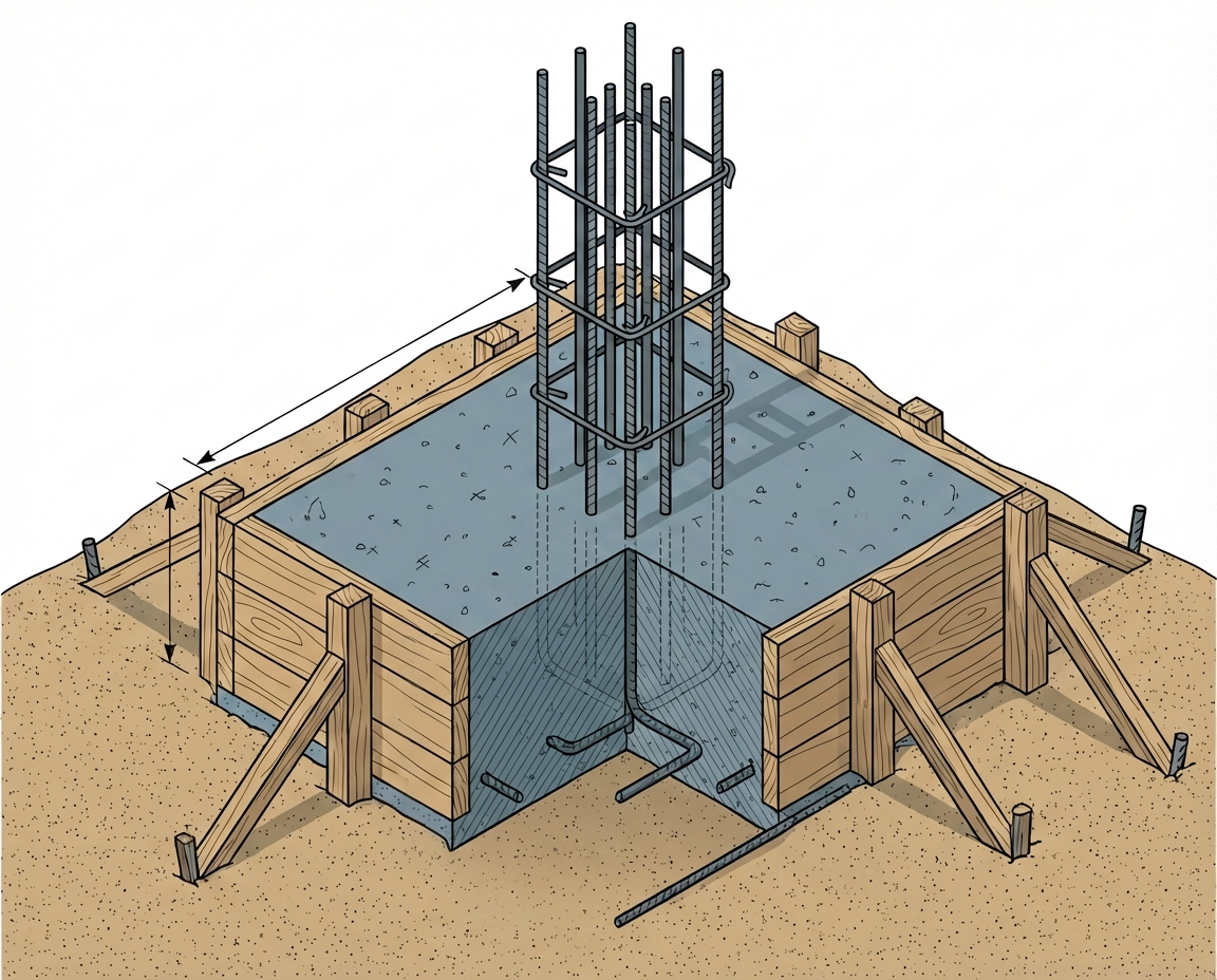 Рис. 1 — Уплотнение бетона глубинным вибратором при возведении монолитного железобетонного фундамента.