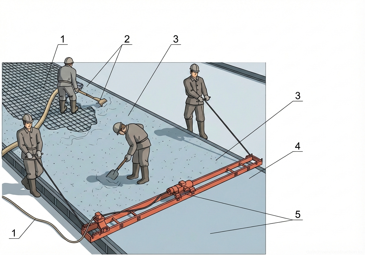 Рис. 1 — Процесс укладки и профилирования бетона по арматурной сетке с использованием плавающей виброрейки