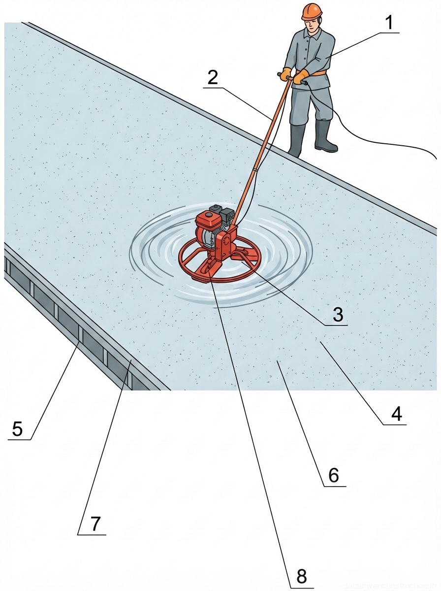 Рис. 1 — Механическая затирка поверхности свежеуложенной промышленной бетонной плиты с использованием ручной роторной заглаживающей машины и краевой опалубки