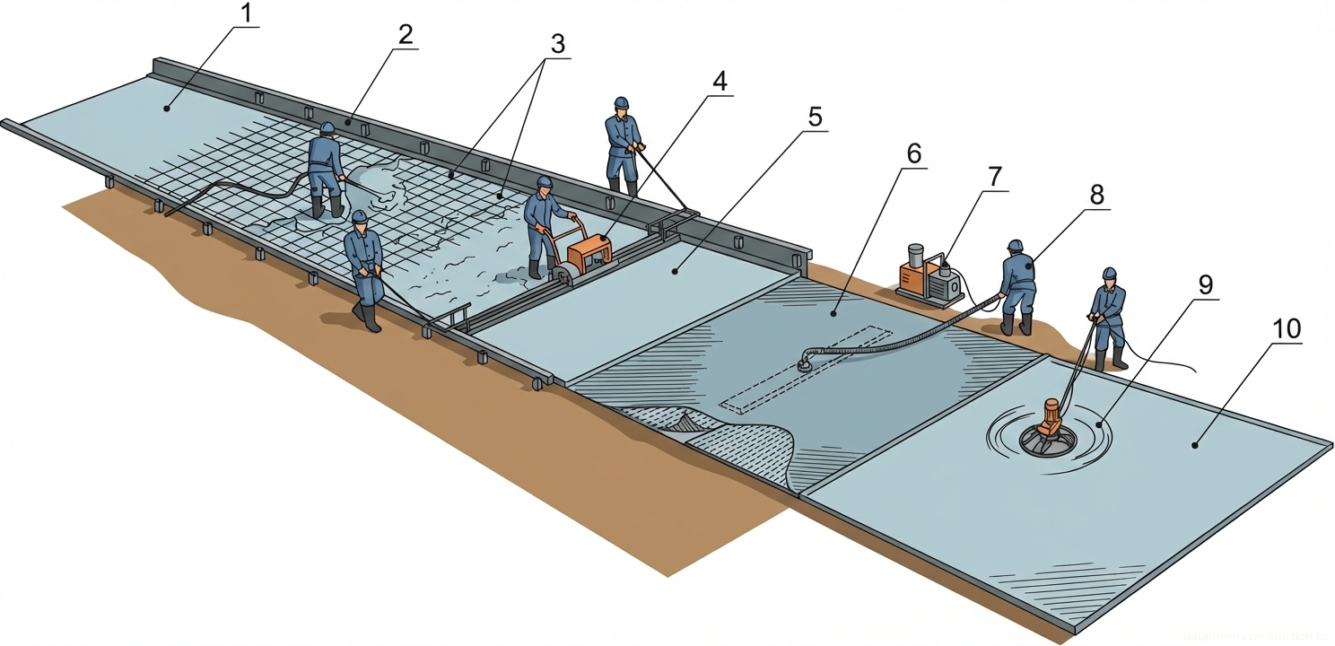 Рис. 1 — Последовательные этапы бетонирования плиты с применением технологии вакуумирования и машинной затирки