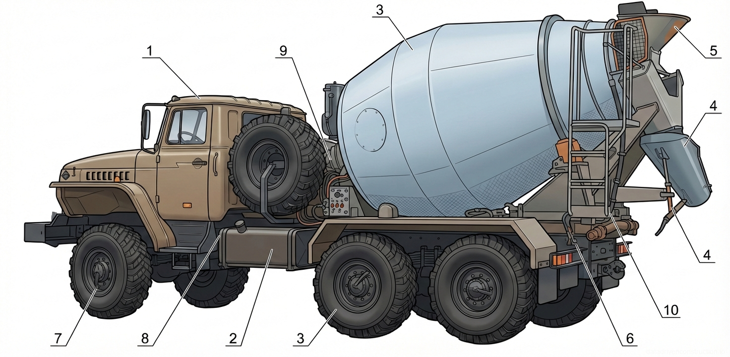 Рис. 1 — Общее устройство и основные узлы тяжелого автобетоносмесителя повышенной проходимости