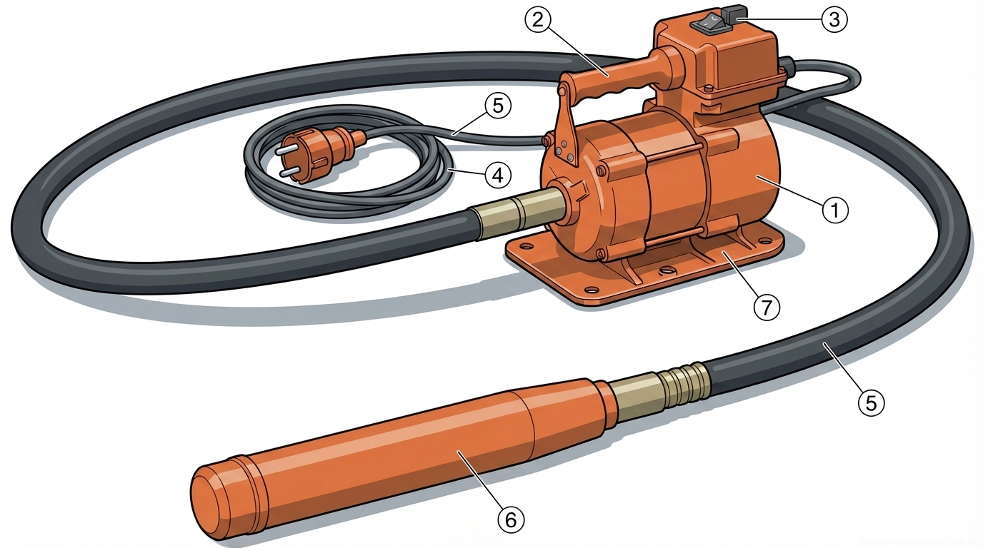 Рис. 1 — Компоненты портативного электрического глубинного вибратора для бетона
