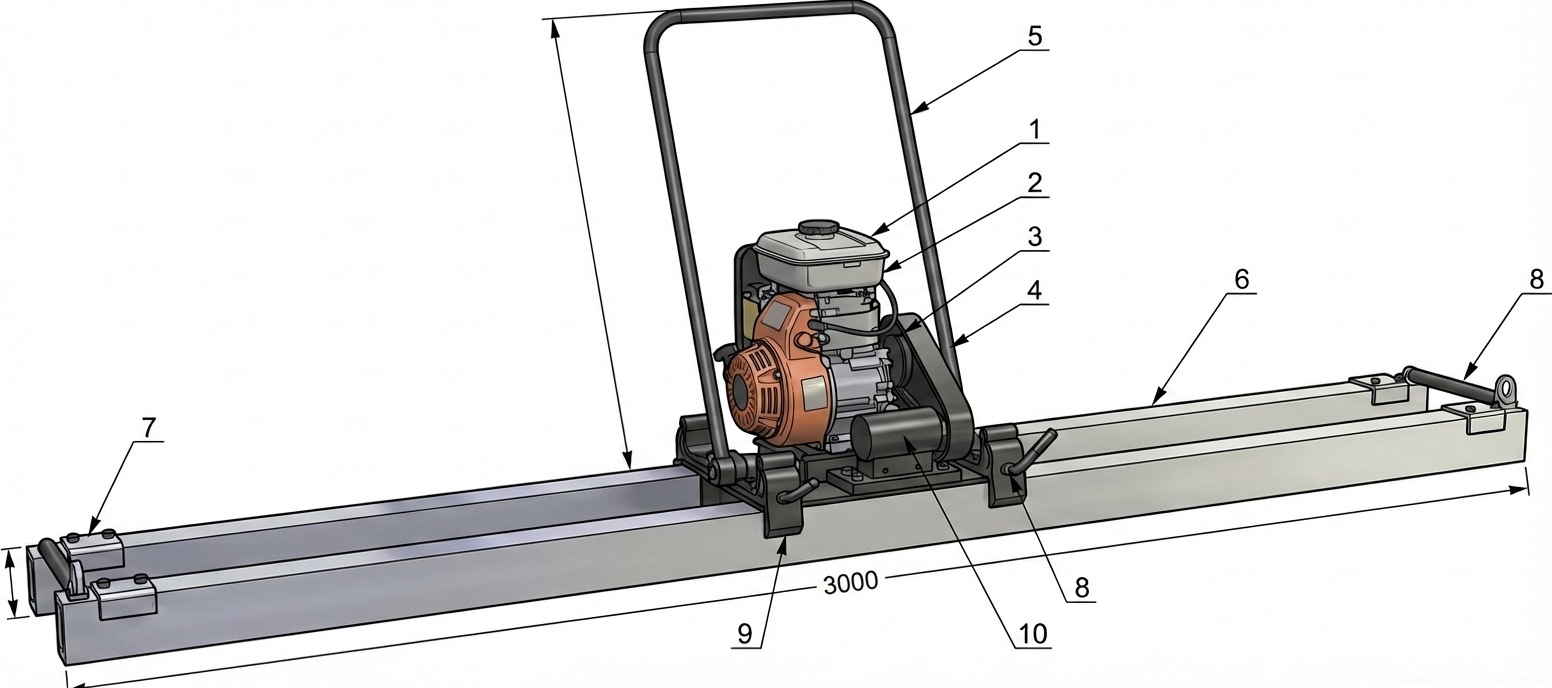 Рис. 1 — Общий вид и деталировка компонентов плавающей виброрейки с двигателем