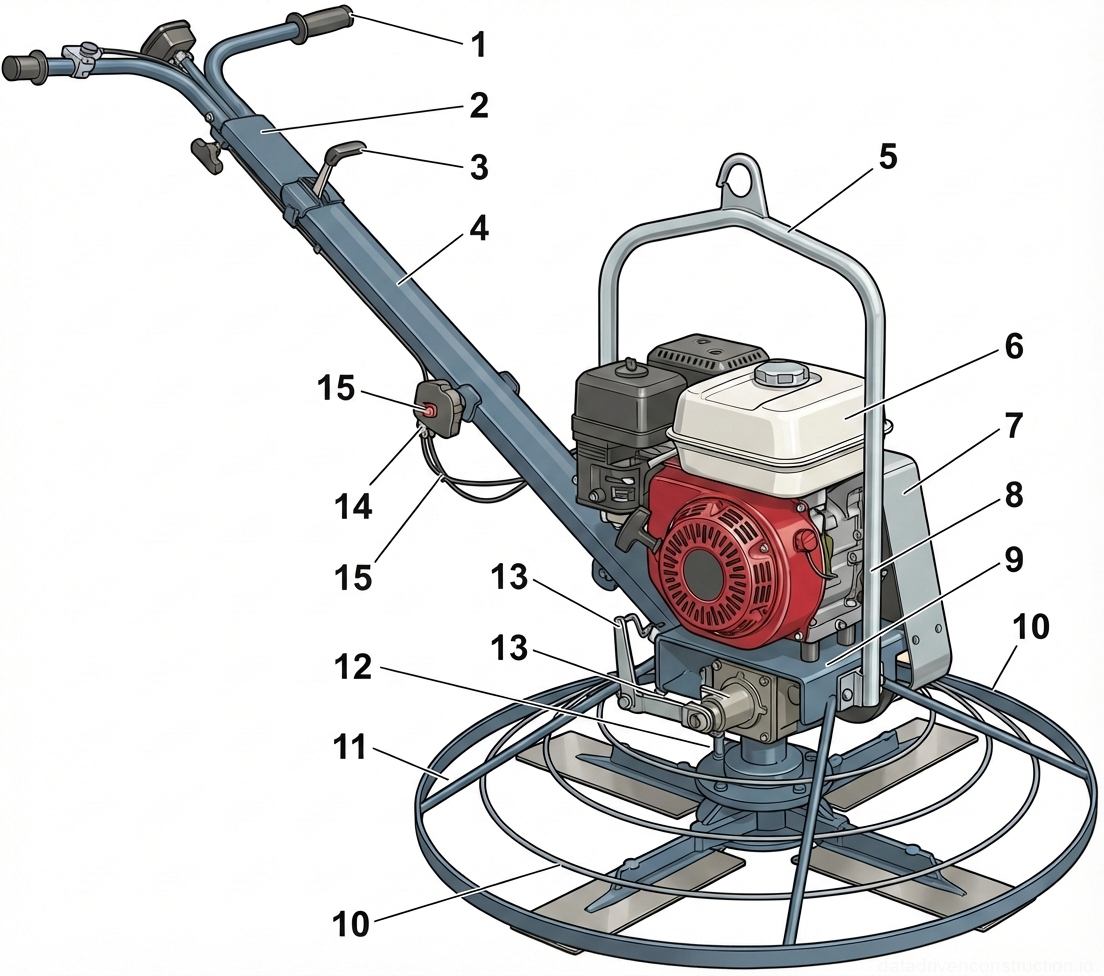 Рис. 1 — Принципиальная схема ручной роторной заглаживающей машины, детализирующая силовой агрегат, нижний лопастной блок и рукоять управления