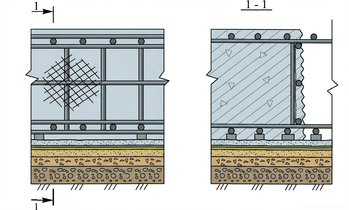Рис. 1 — План и поперечный разрез (1-1) железобетонной плиты с детализацией схемы армирования и слоев основания