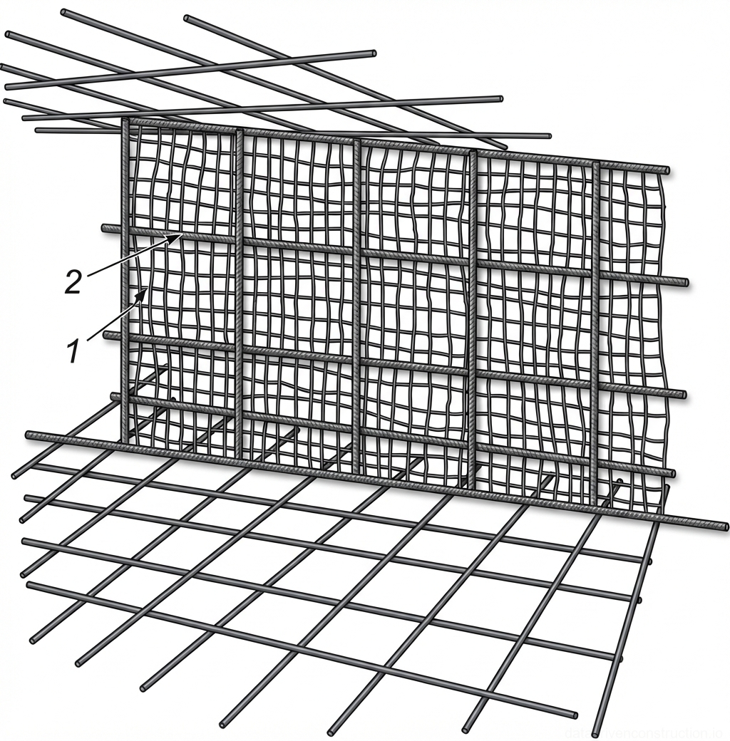 Рис. 1 — Схема устройства сетчатой опалубки и арматурного каркаса при возведении монолитной бетонной стены