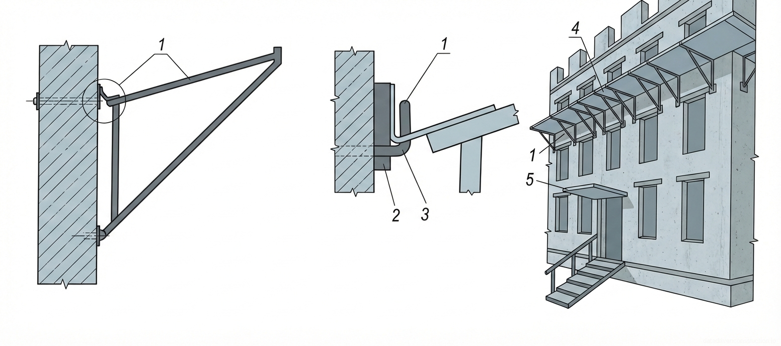 Рис. 1 — Схема и детали установки фасадного защитного улавливающего козырька с анкерными креплениями