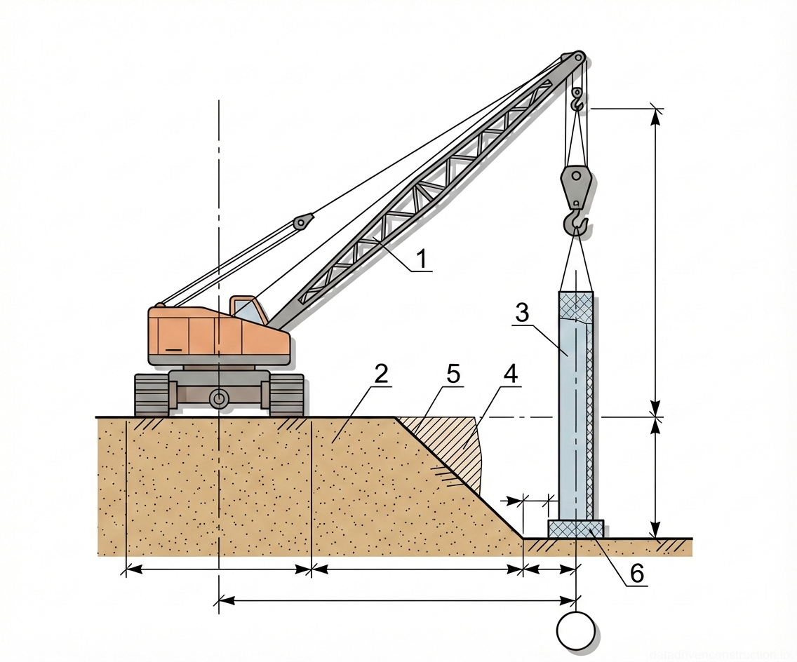 Рис. 1 — Схема расположения крана при монтаже элементов фундамента в котловане