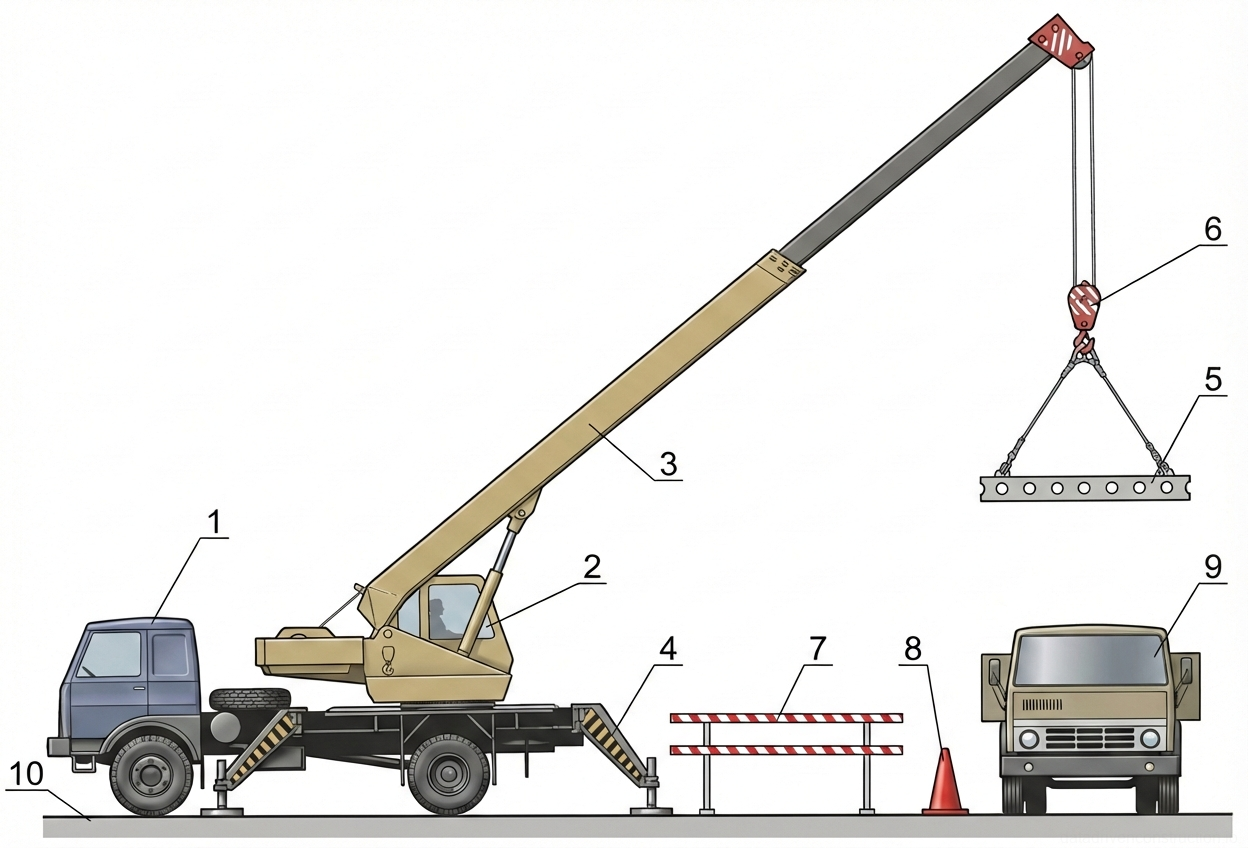 Рис. 1 — Принципиальная схема выполнения грузоподъемных операций автомобильным краном с указанием компонентов крана, строповки сборных железобетонных элементов и необходимых опасных зон