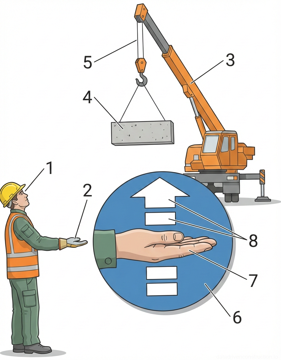 Рис. 1 — Стандартный сигнал рукой при крановых операциях для подъема груза, демонстрирующий положение стропальщика и требуемое движение руки