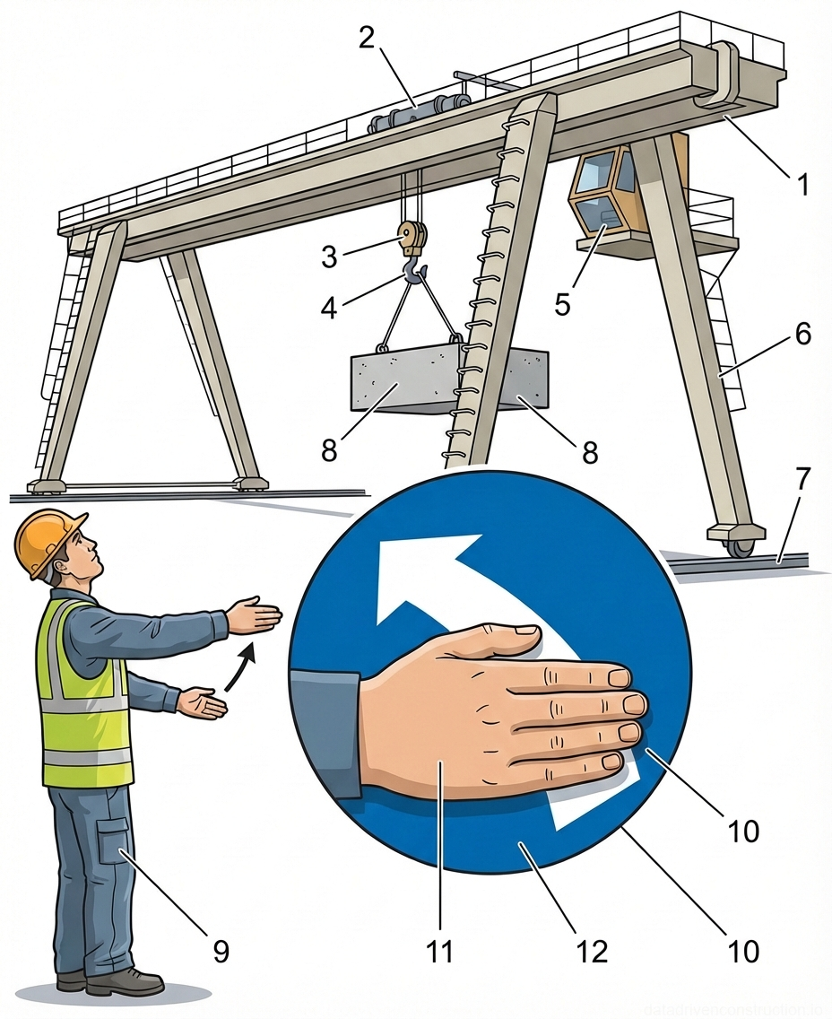 Рис. 1 — Стандартный сигнал рукой для подъема груза с использованием козлового крана, иллюстрирующий роли сигнальщика и машиниста крана.