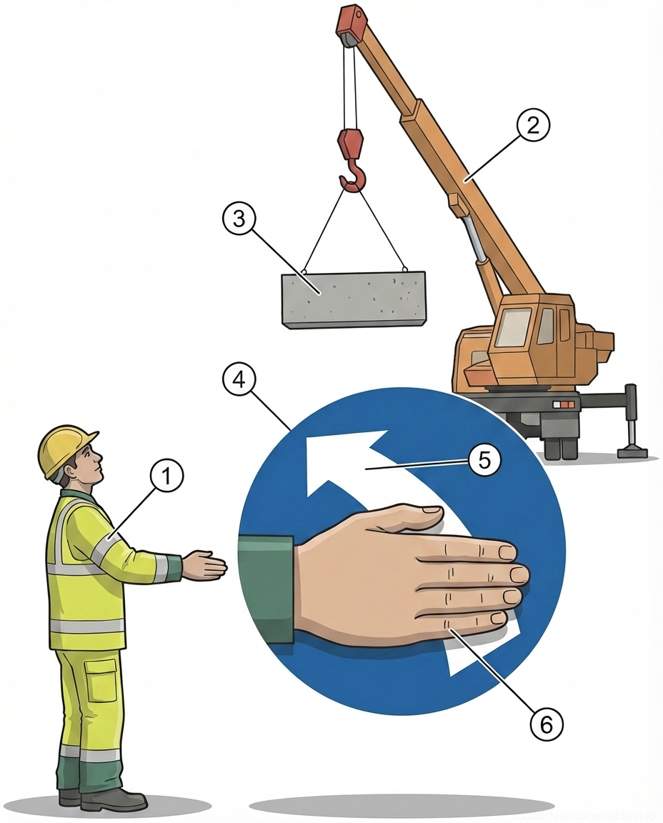 Рис. 1 — Стандартизированный протокол визуальной коммуникации и выполнение сигнала рукой для операций подъема мобильным краном