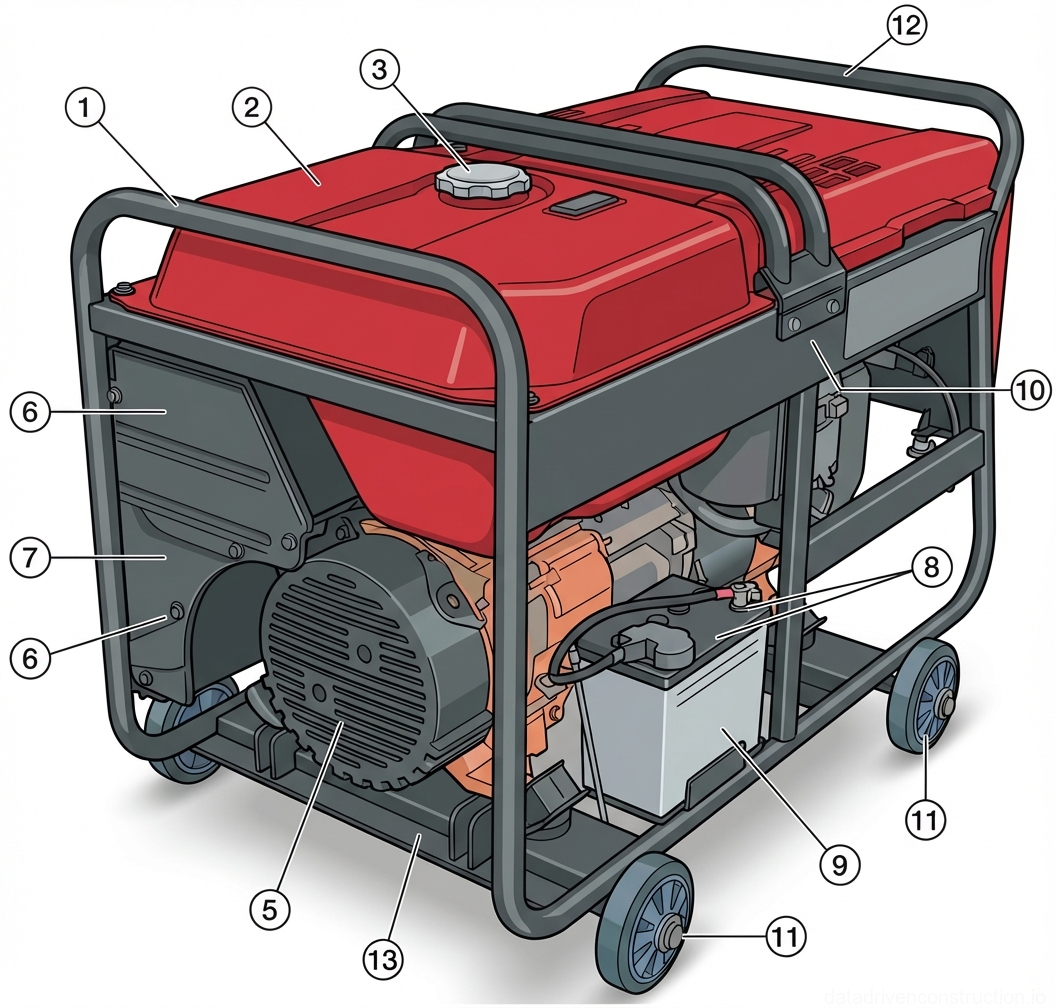 Рис. 1 — Изометрический вид портативного генератора большой мощности с указанием рамы, топливного бака, генератора переменного тока и аккумуляторной батареи