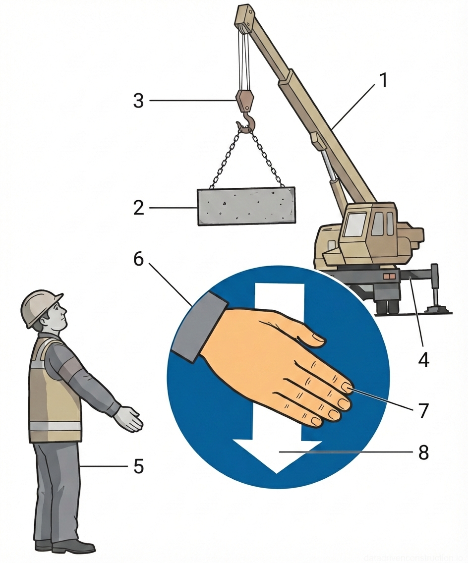 Рис. 1 — Стандартный сигнал рукой для крана «Опустить груз», демонстрирующий взаимодействие машиниста и сигнальщика