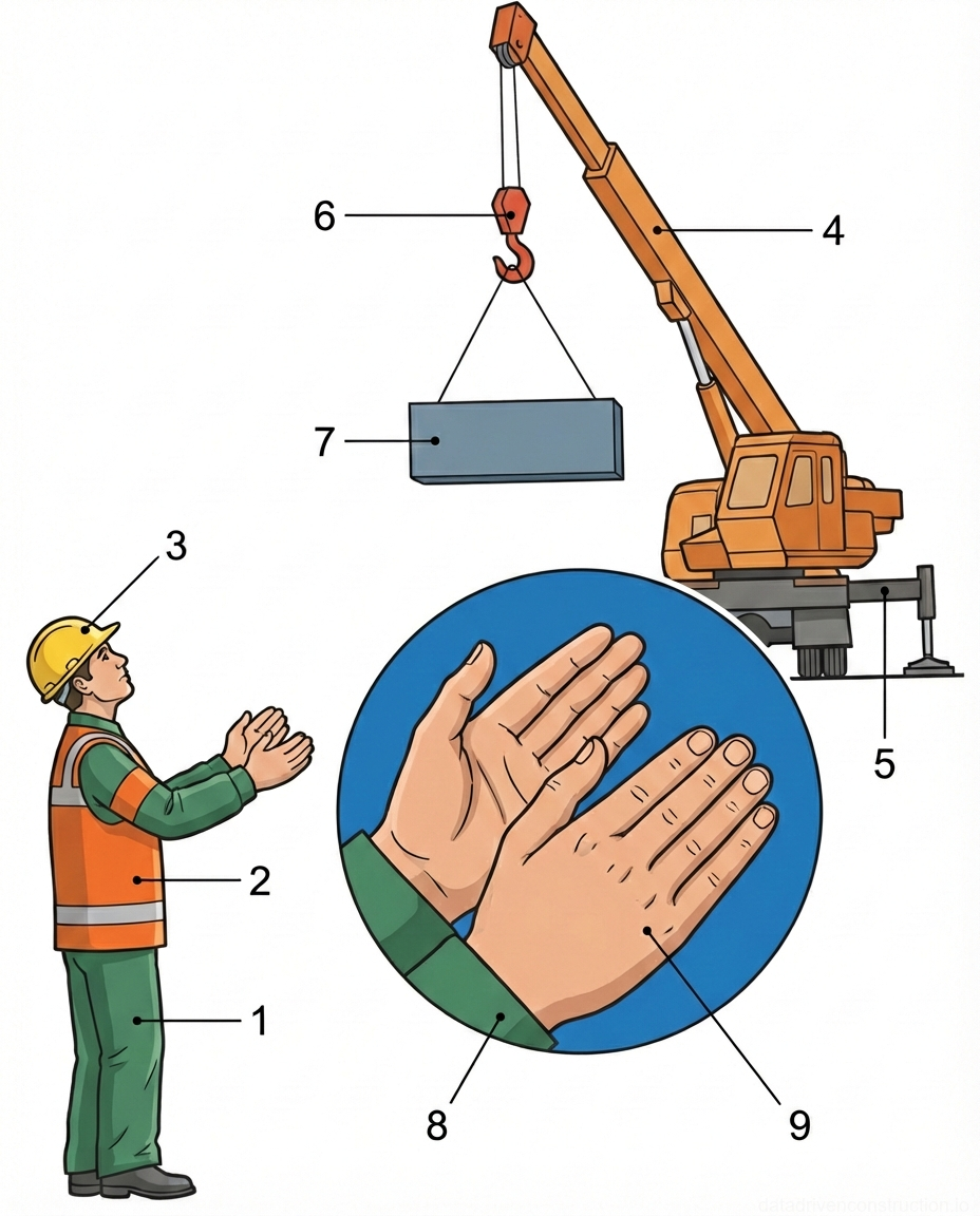 Рис. 1 — Стандартный сигнал рукой для крана «Стоп», демонстрирующий взаимодействие сигнальщика и мобильного крана