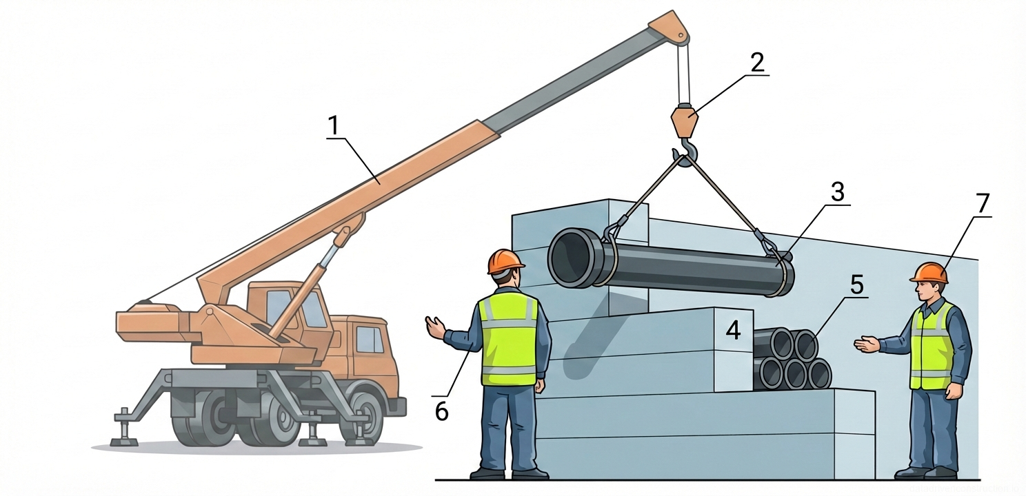 Рис. 1 — Схема грузоподъемных операций автомобильного крана с детализацией подъема и складирования секций труб за сборной железобетонной подпорной стенкой