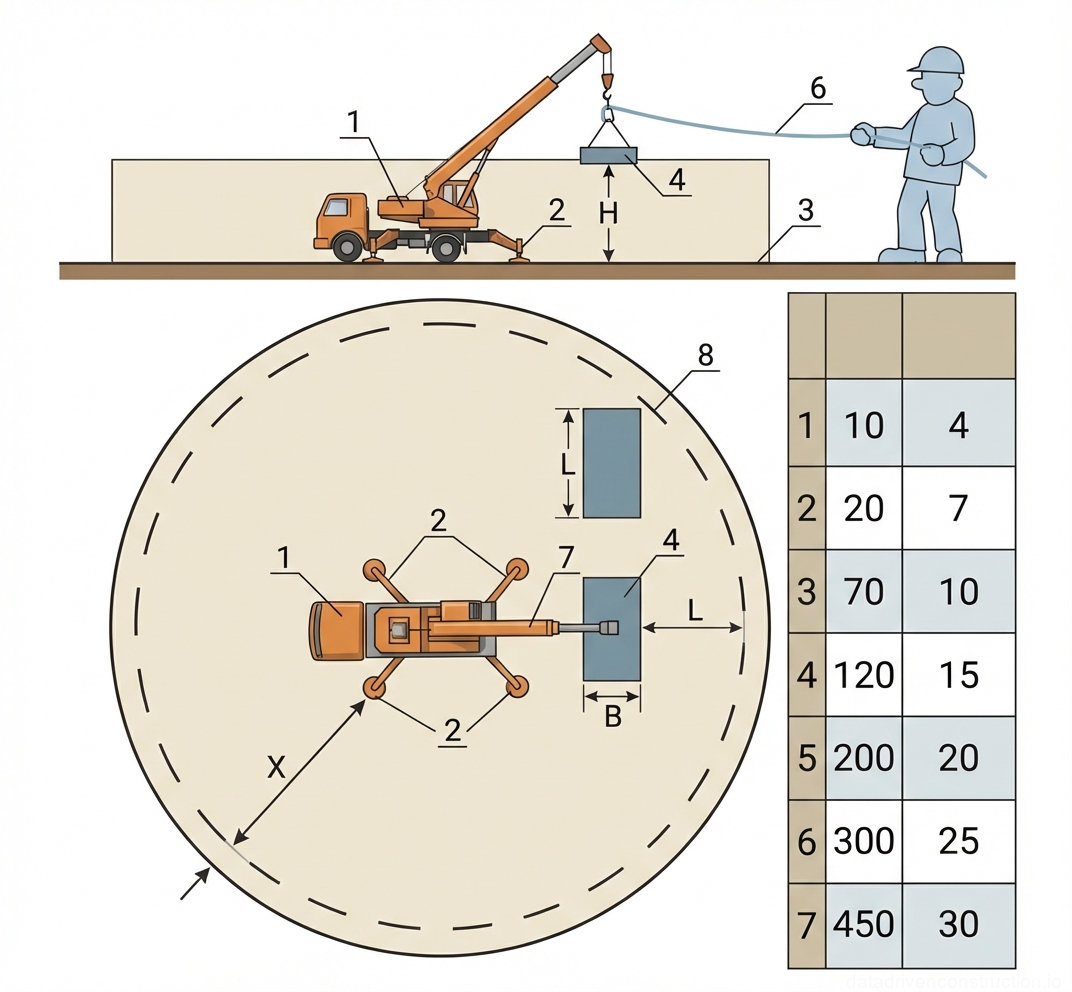 Рис. 1 — Схема определения опасной зоны при выполнении грузоподъемных операций автомобильным краном, включая таблицу соотношения высоты подъема и безопасного расстояния