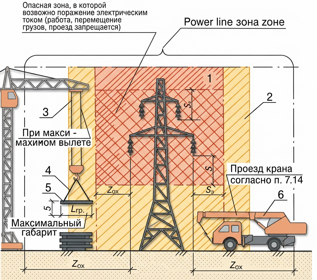 Рис. 1 — Зоны безопасности и рабочие габариты при работе крана вблизи воздушных линий электропередачи
