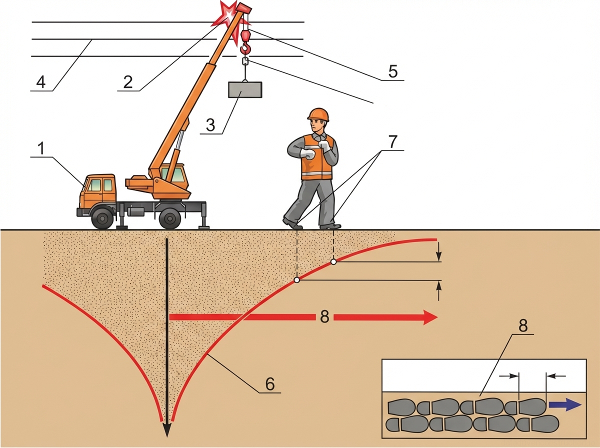 Рис. 1 — Градиент потенциала земли и динамика опасности шагового напряжения при случайном контакте крана с высоковольтными воздушными линиями