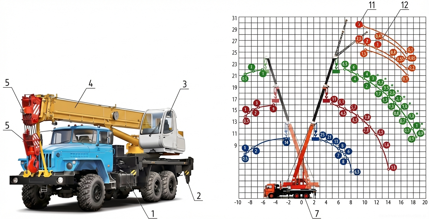 Рис. 1 — Физические компоненты автомобильного крана и сводная таблица грузоподъемности