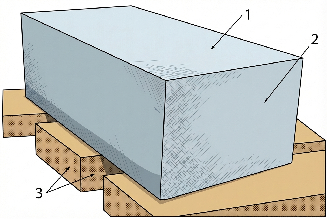 Рис. 1 — Стандартный блок из ячеистого бетона с указанием основных контактных поверхностей и защитных подкладок для складирования