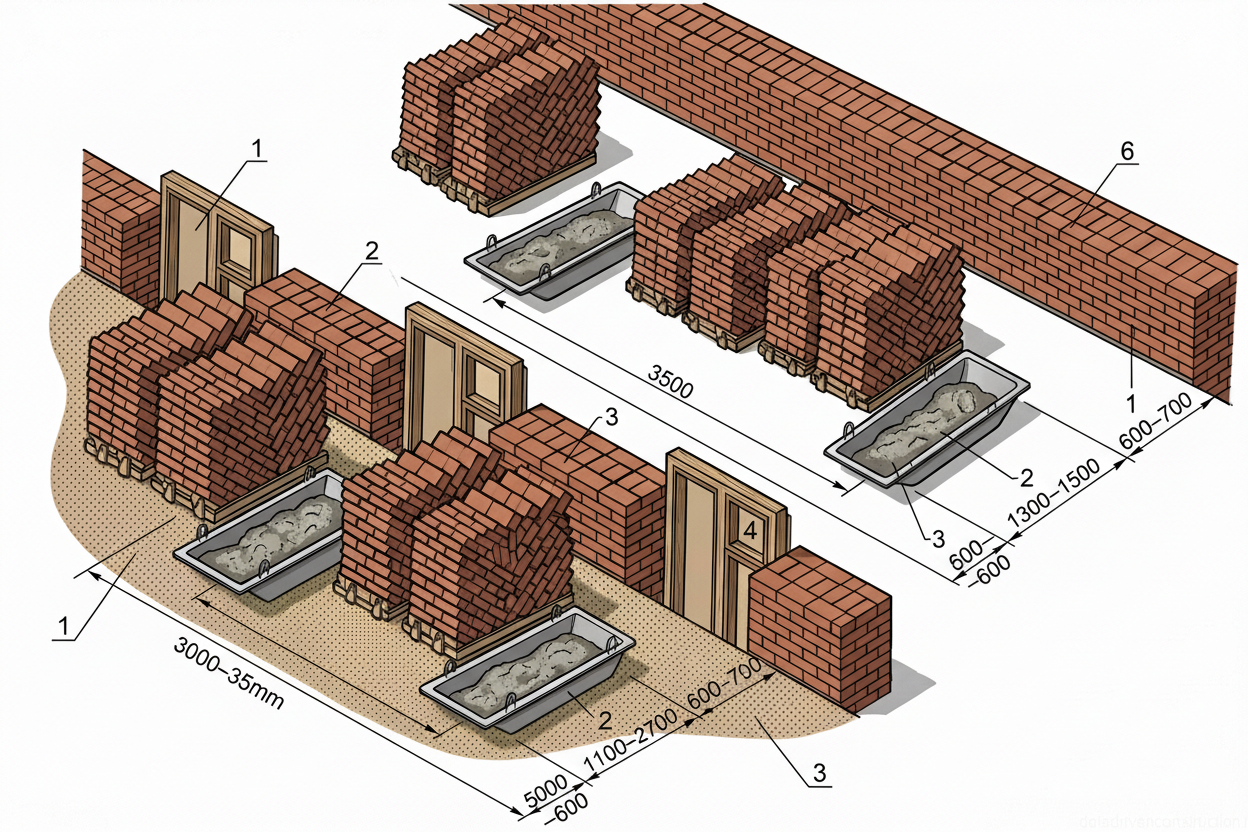 Рис. 1 — Организация рабочего места каменщика при возведении сплошной кирпичной стены и стены с проемами