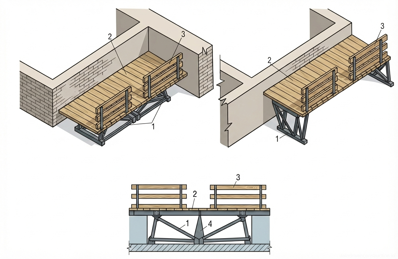 Рис. 1 — Конфигурация и конструктивные элементы регулируемых подмостей для производства кладочных работ