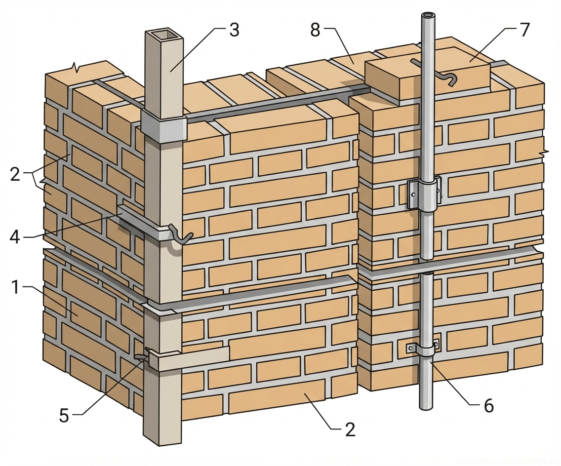 Рис. 1 — Возведение кирпичной кладки с использованием угловых и промежуточных вертикальных порядовок для выравнивания рядов