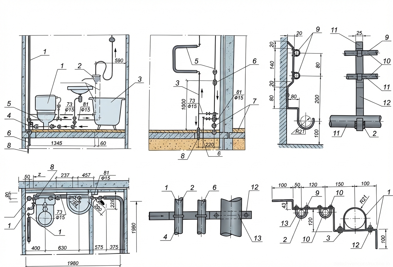 Рис. 1 — Схема компоновки и детали монтажа трубопроводов совмещенного санузла, включая узлы горизонтальных и вертикальных креплений