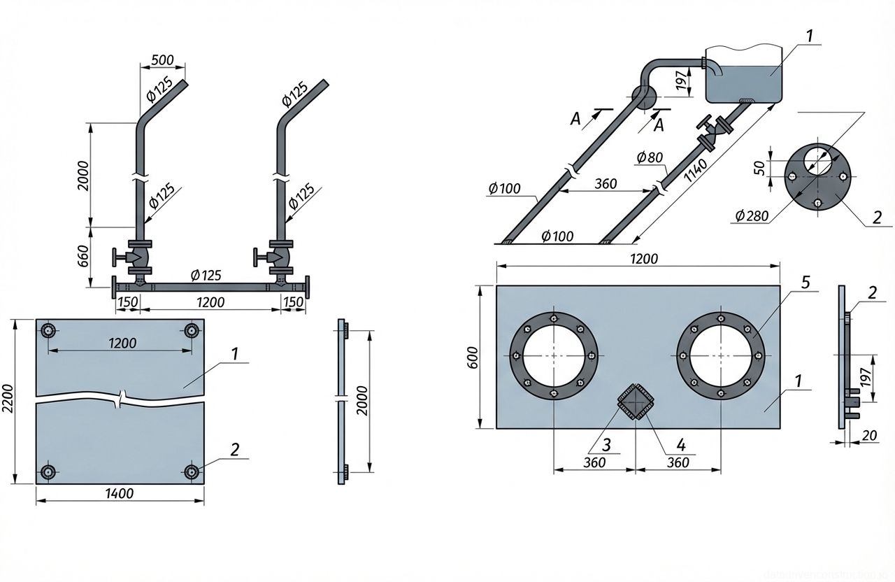 Рис. 1 — Схема компоновки и детали изготовления узла патрубка подачи воды (слева) и узла перелива/опорожнения резервуара (справа), включая трассировку труб и спецификации фланцев