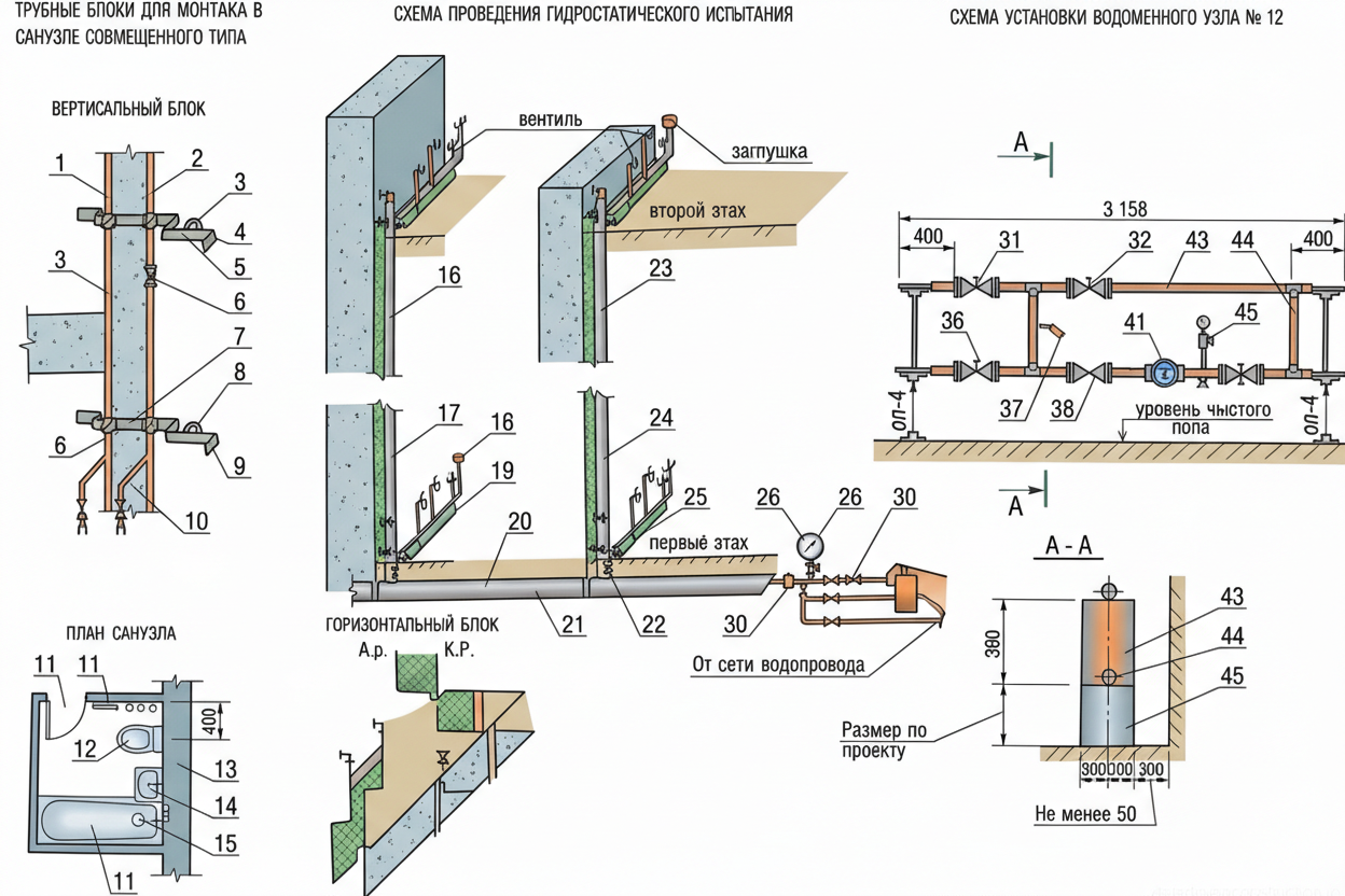 Рис. 1 — Монтажные схемы трубных блоков совмещенного санузла, схема гидростатических испытаний и детали водомерного узла