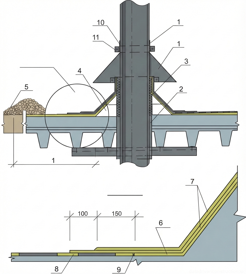 Fig. 1 — Detail 1: Pipe Penetration with Protective Umbrella Installation and Sealing