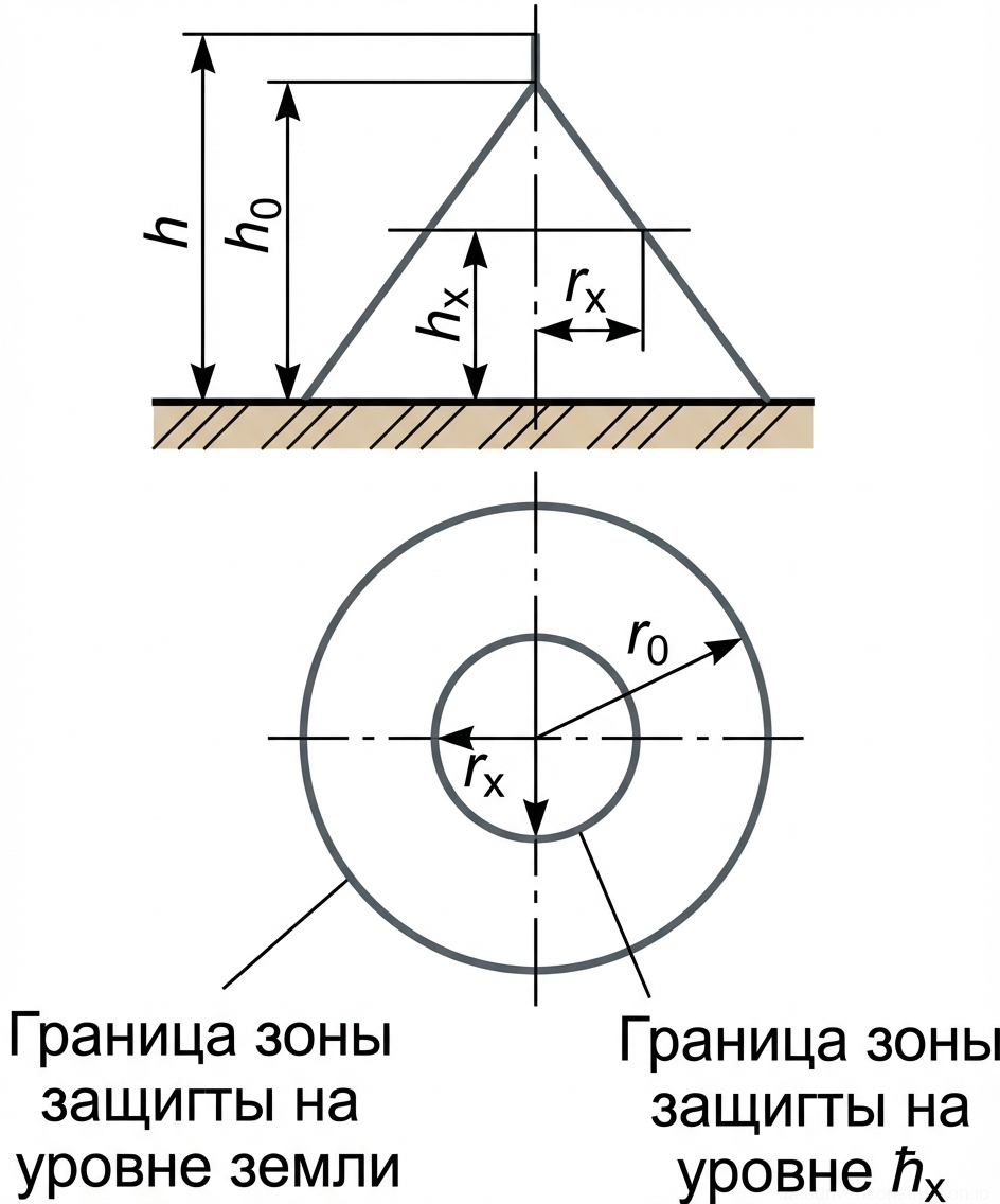 Рис. 2 — Зона защиты одиночного стержня молниеотвода