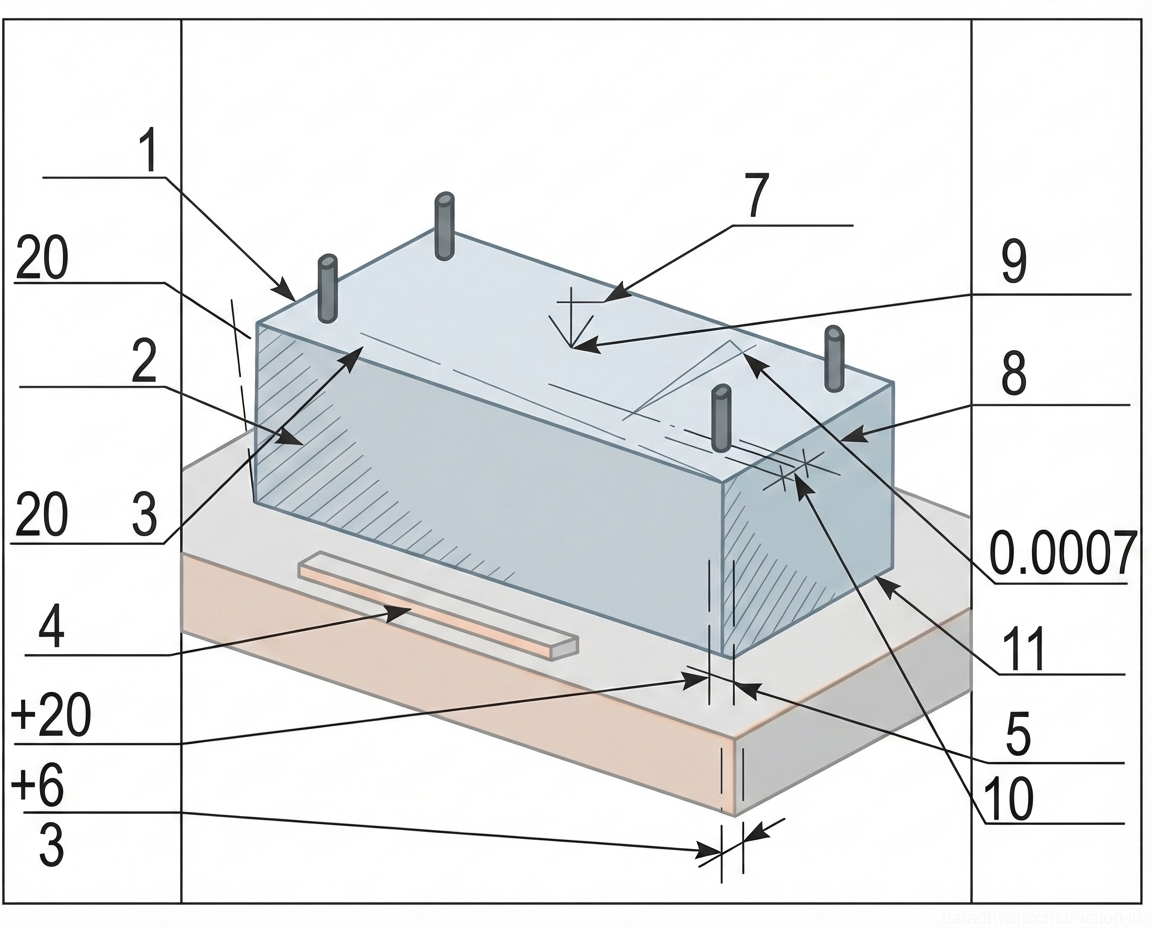 Рис. 1 — Подготовительные этапы перед укладкой бетонной смеси, включая установку опалубки, подготовку основания, закладные элементы и вынос отметок