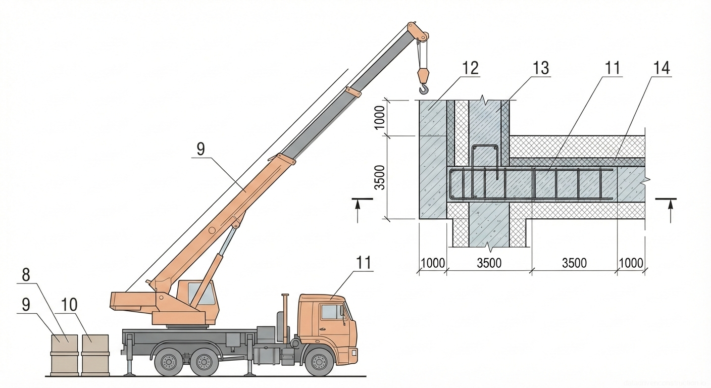 Рис. 8 — (Разрез А-А). Схема организации работ при подаче бетонной смеси краном в бункерах