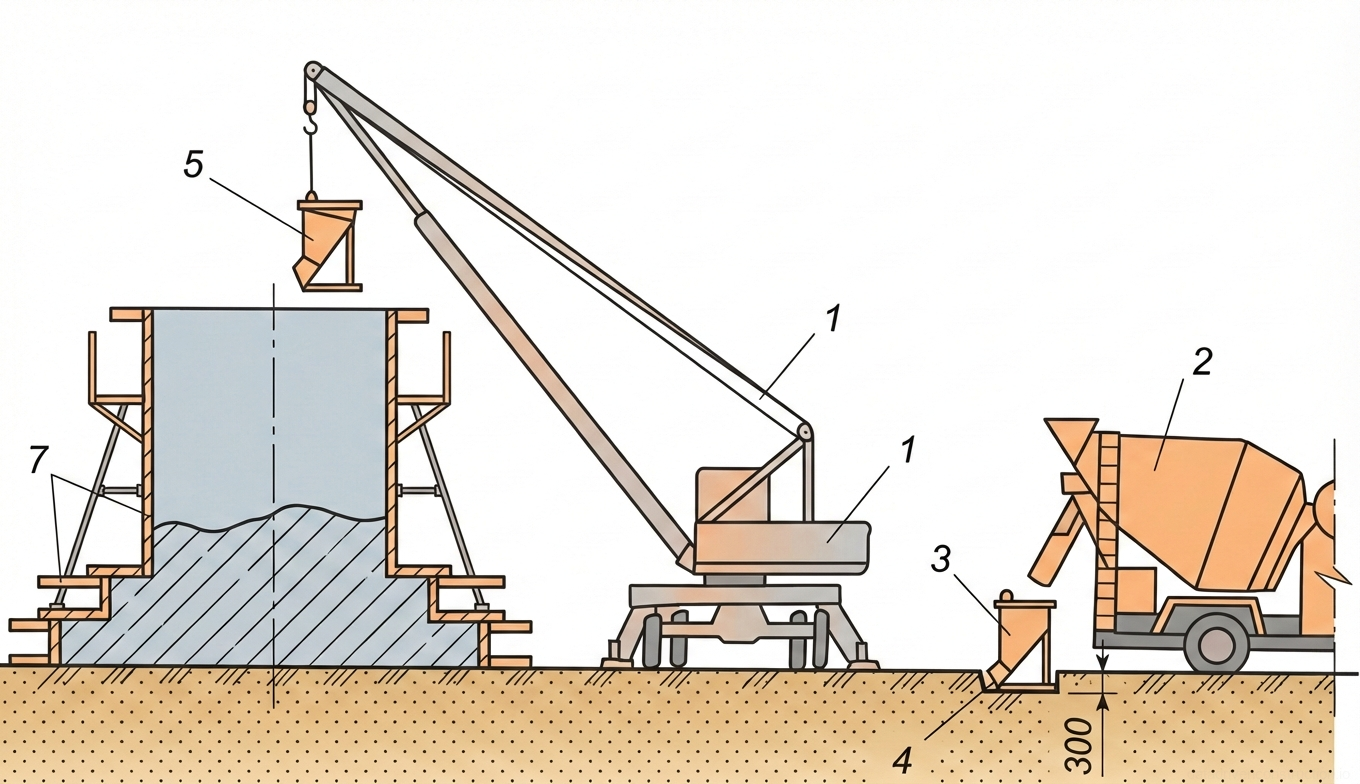 Рис. 9 — Схема организации работ при подаче бетонной смеси автобетононасосом