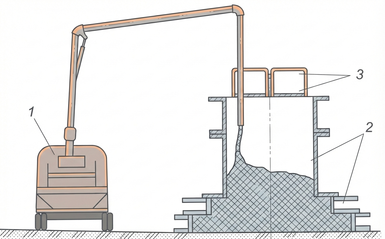 Рис. 10 — Схемы бетонирования фундаментов при подаче бетонной смеси краном в бункерах