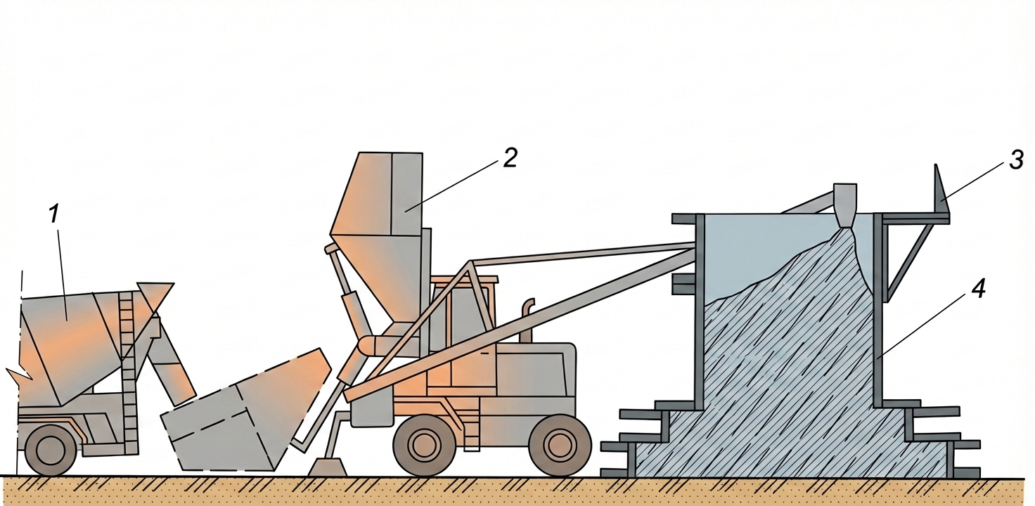 Рис. 11 (Вид А) — Схема организации работ при подаче бетонной смеси бетоноукладчиком