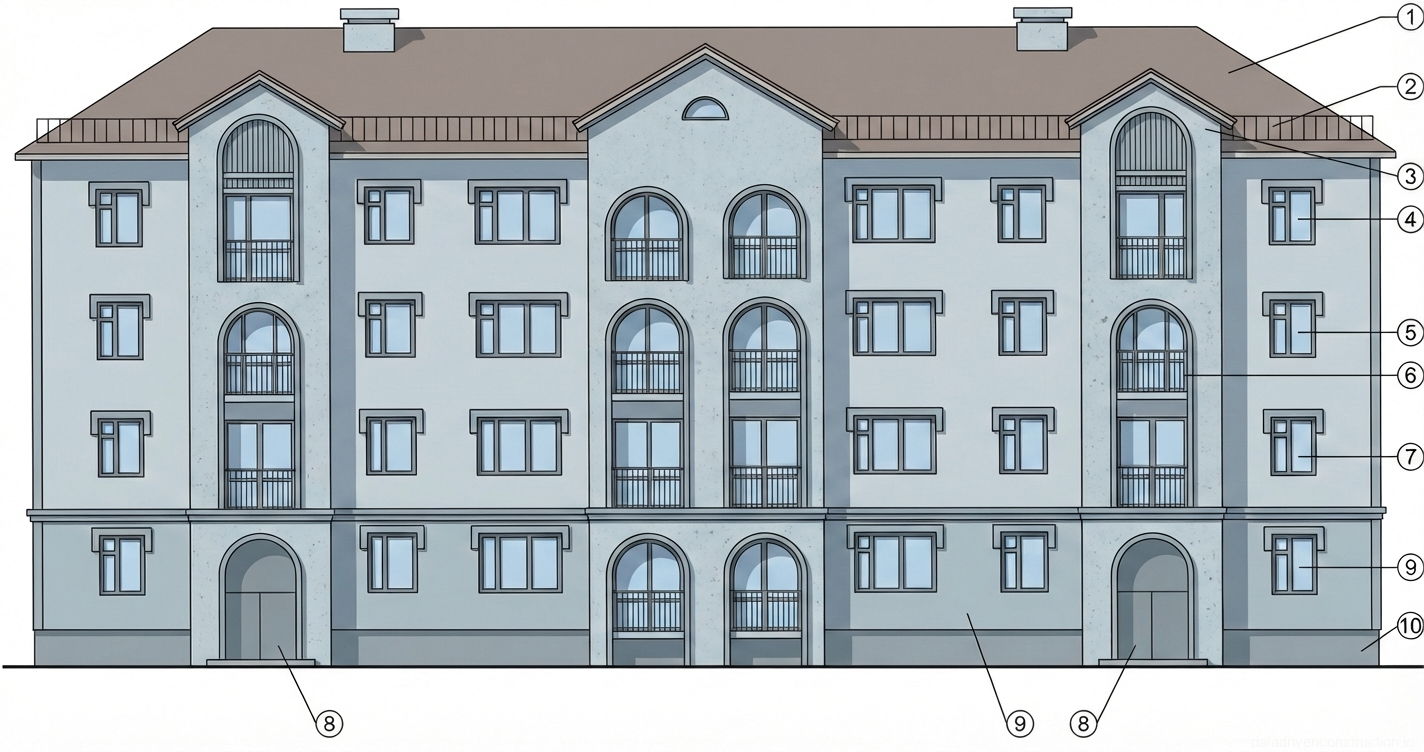 Рис. 1 — Главный фасад четырехэтажного жилого здания с детализацией архитектурной пластики, остекления и конструкции крыши