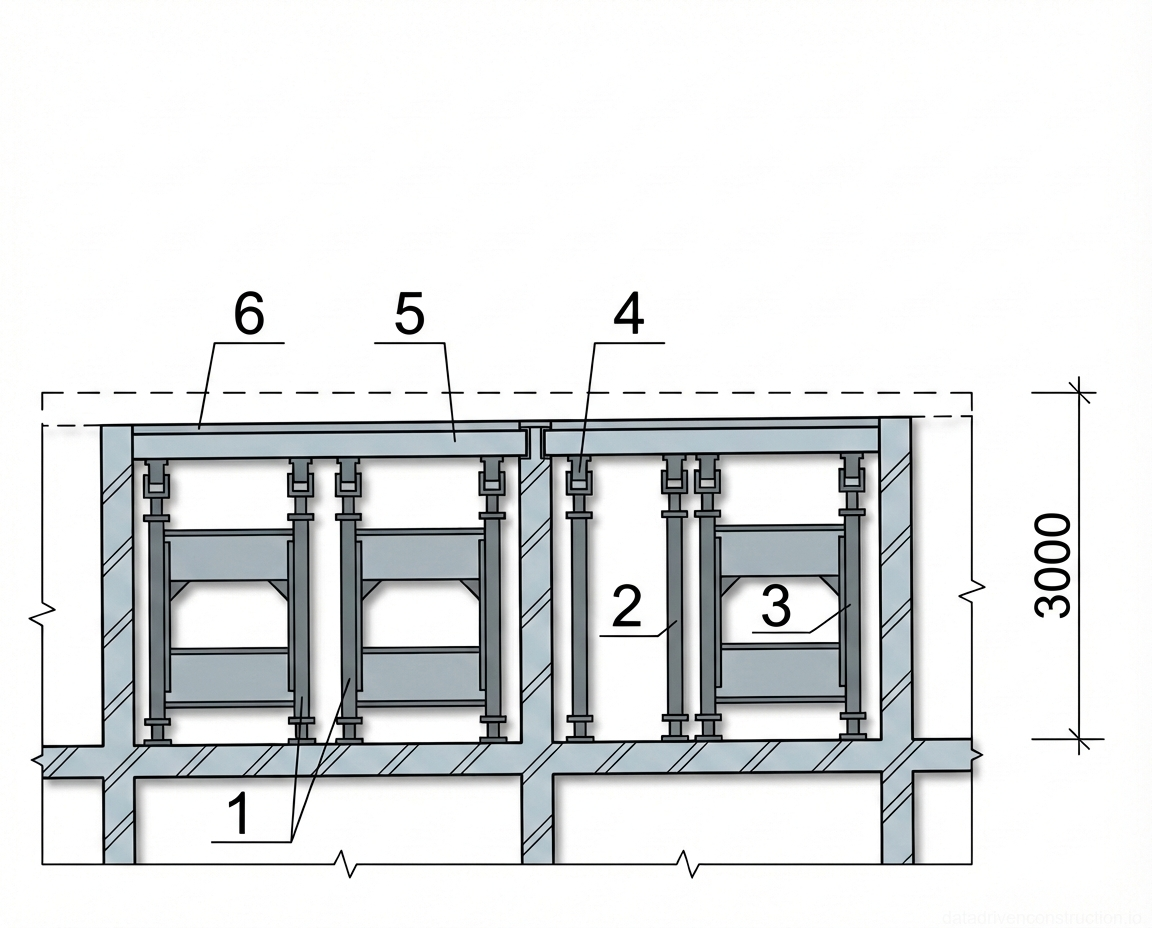 Рис. 1 — Разрез 1-1 системы поддерживающих лесов и опалубки для устройства монолитной железобетонной плиты перекрытия
