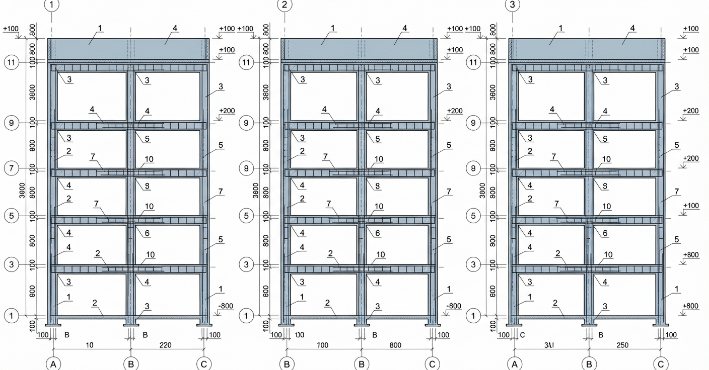 Рис. 1 — Монтажный план перекрытий с указанием раскладки плит, неразрезных балок и узлов соединений по координационным осям А, В и С
