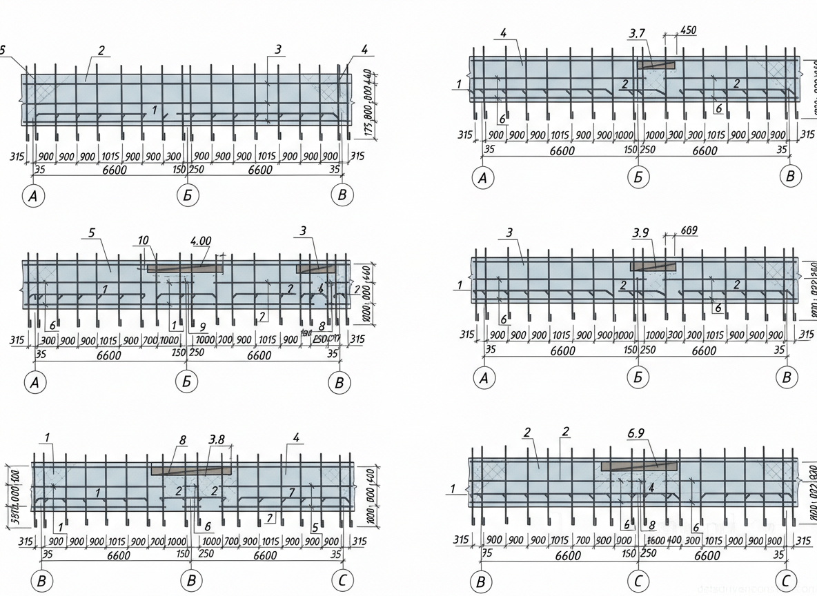 Рис. 1 — Типовые чертежи армирования и деталировка неразрезных железобетонных балок по нескольким осям, с указанием продольной арматуры, шага хомутов и зон нахлестки.