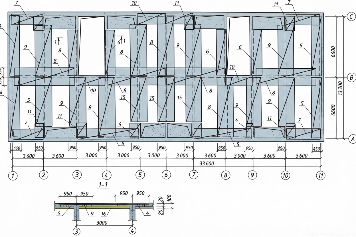 Рис. 1 — Монтажный план перекрытия из сборных железобетонных ребристых плит с указанием раскладки плит, размеров координационной сетки и узлов поперечного армирования.