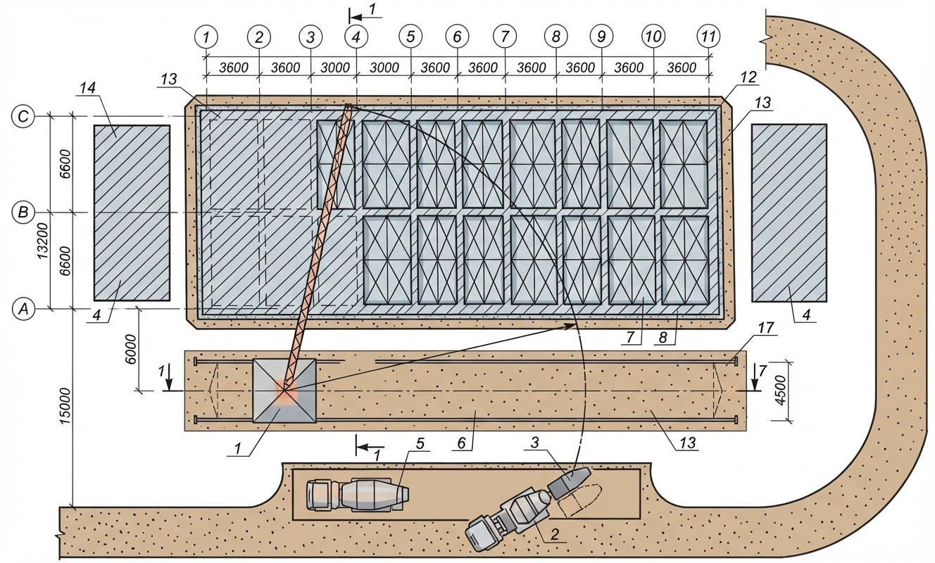 Рис. 1 — Строительный генеральный план (СГП) с указанием расположения крана, площадок складирования материалов и подъездных путей