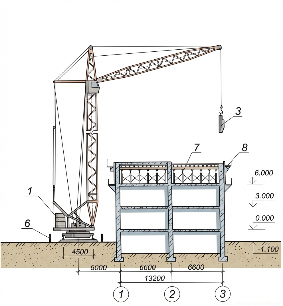 Рис. 1 — Поперечный разрез строительной площадки многоэтажного здания с изображением башенного крана, инвентарной опалубки и конструктивной сетки осей.