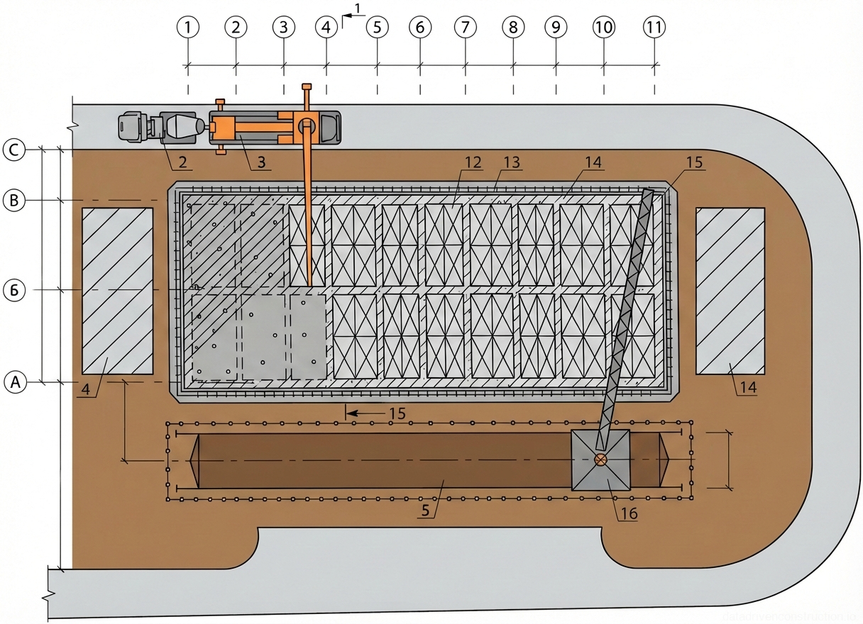 Рис. 1 — План производства работ (СГП) по бетонированию фундамента с указанием расстановки техники и рабочих зон