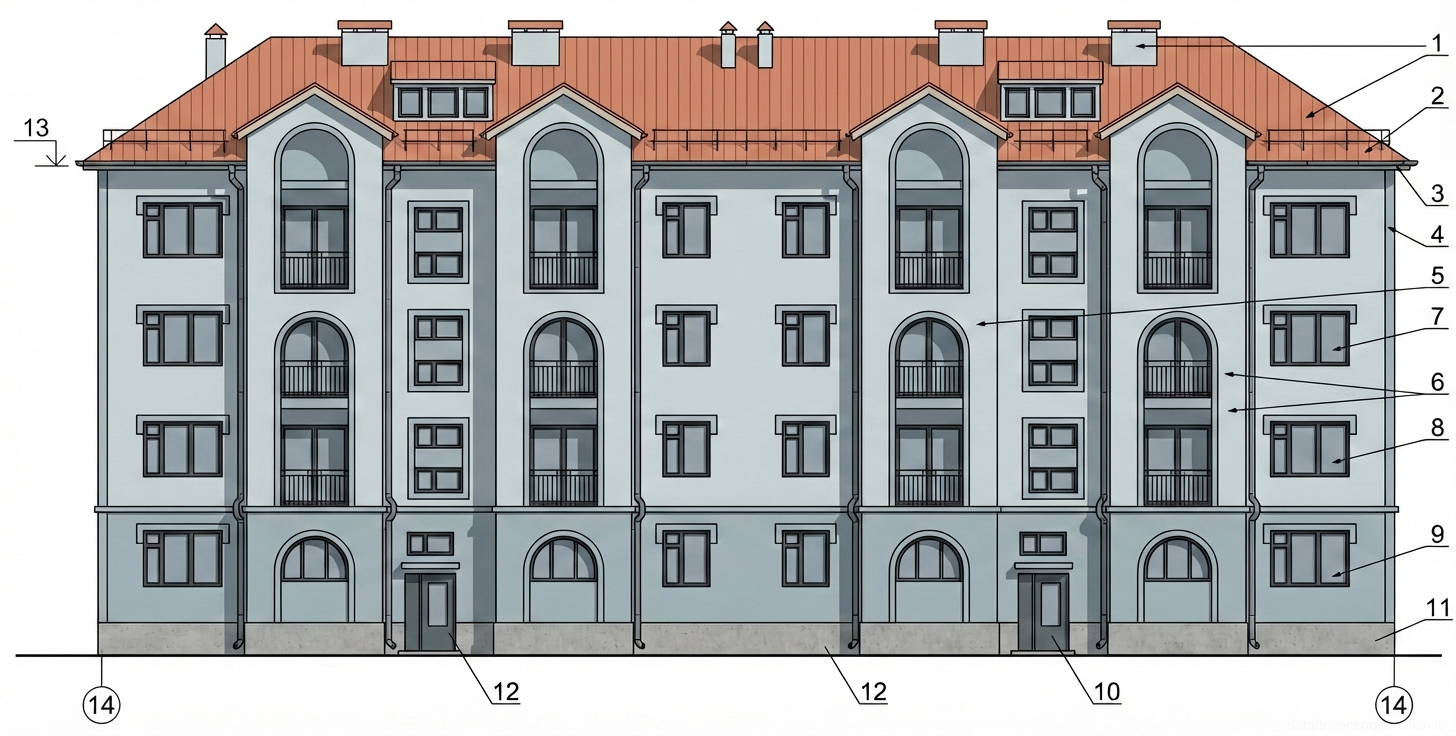 Рис. 1 — Архитектурный чертеж главного фасада четырехэтажного многоквартирного жилого дома, иллюстрирующий композицию фасада, детали крыши и остекление