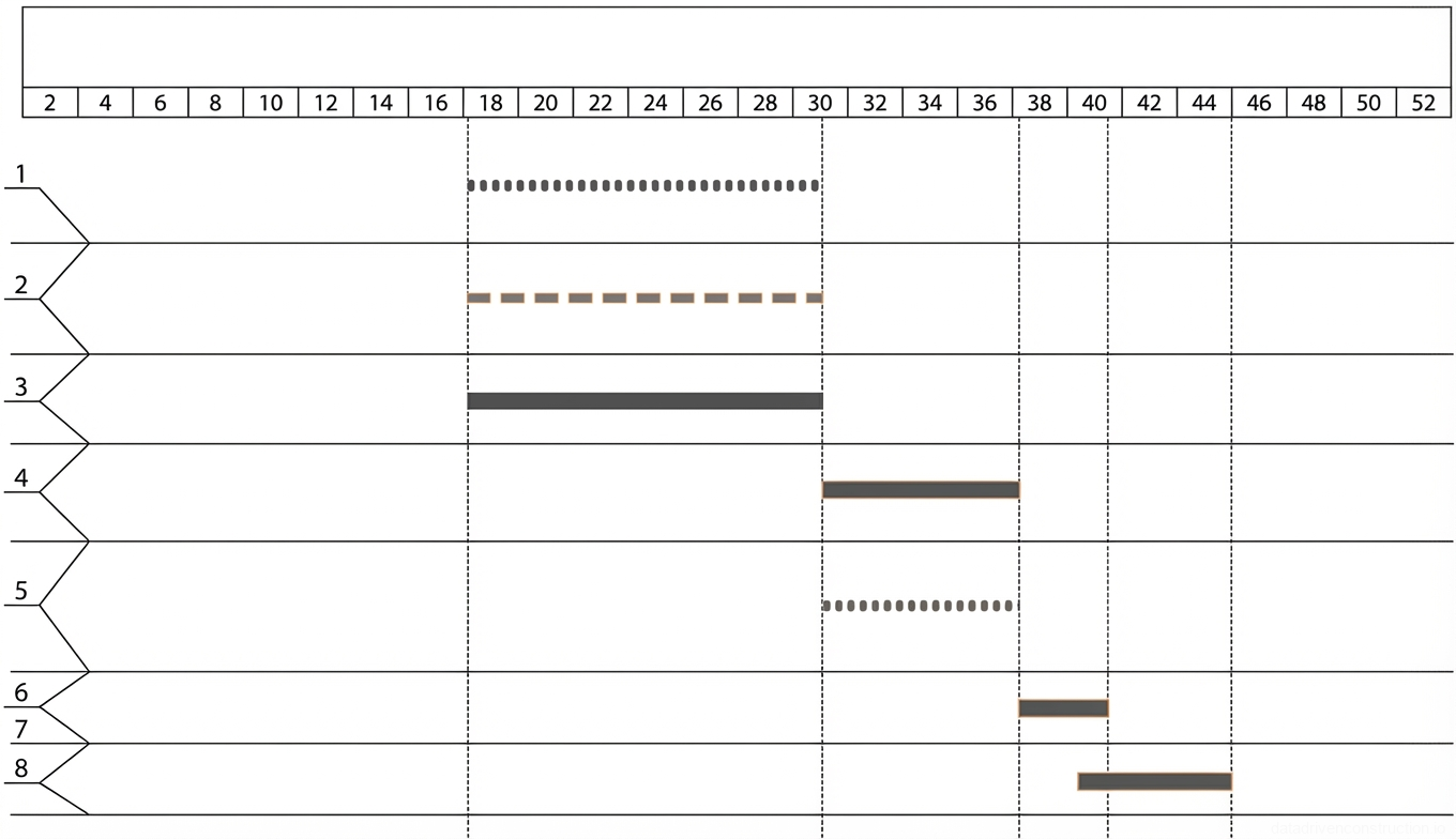 Рис. 1 — Диаграмма Ганта, иллюстрирующая график производства работ с несколькими задачами и их временными рамками.