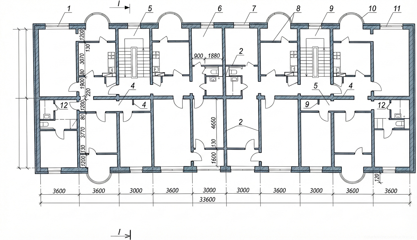 Рис. 1 — План этажа многоквартирного здания с указанием пространственной планировки, несущих стен и ключевых архитектурных элементов