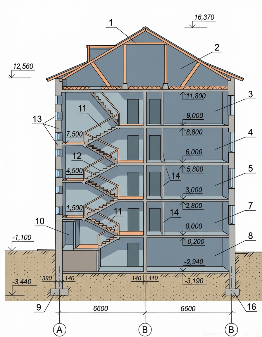Рис. 1 — Поперечный разрез многоэтажного здания с несущими стенами, детализирующий фундаментные подушки, диски перекрытий из сборного железобетона, вертикальные лестничные коммуникации и деревянную скатную крышу.